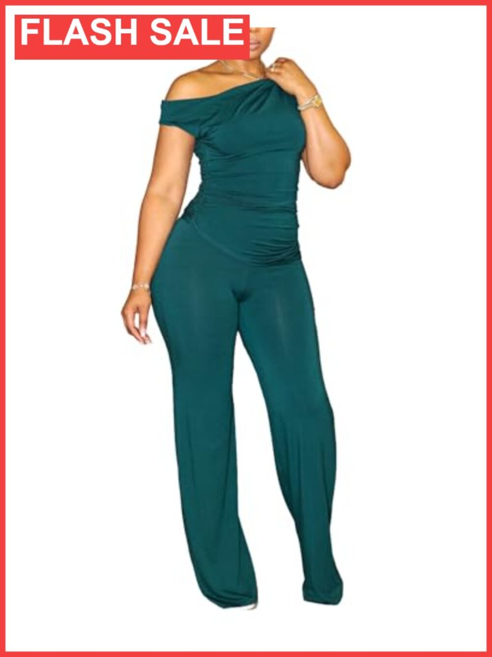 Women 2 Piece Club Outfit One Shoulder Ruched Crop Top Wide Leg Pants Set